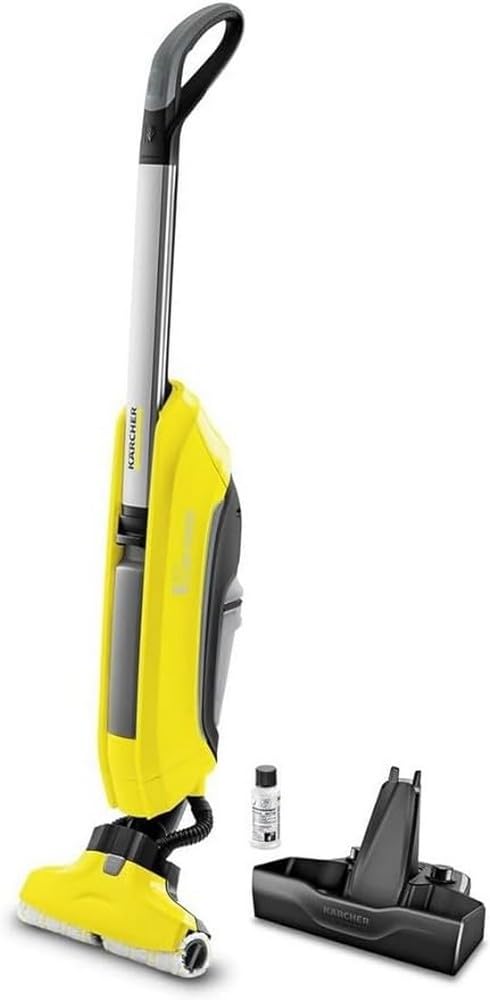 Kärcher FC 5 Cordless Hartbodenreiniger - Akku Bodenwischer. Gelb-grauer, kabelloser Bodenwischer. Reinigt und wischt Hartböden gleichzeitig durch rotierende Mikrofaserwalzen.
