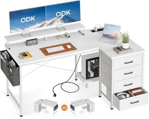 ODK Eckschreibtisch L-Form 140x80cm - Schubladen, USB, Weiss. L-förmig, weiss, mit Schubladen und USB. Ideal zum Arbeiten und Organisieren.