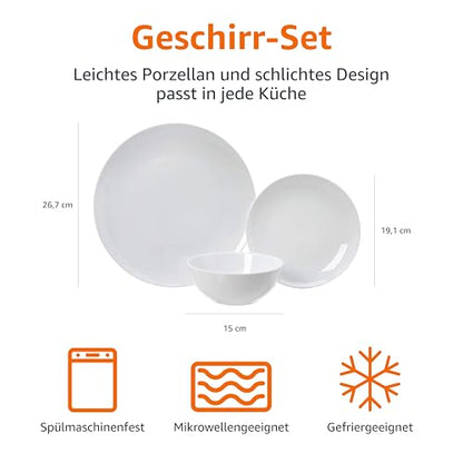 Amazon Basics Geschirrservice 18tlg. 6 Personen - Weiss Porzellan Coupe