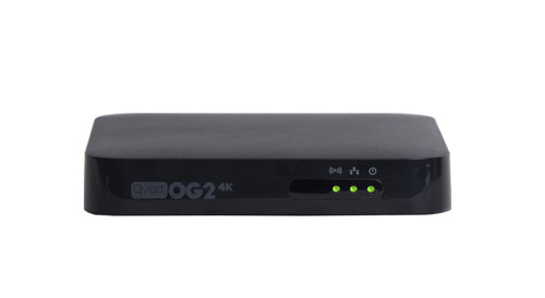 Qviart OG2 4K UHD Linux IP Stalker TV Receiver – Define OS. Schwarzer Receiver. Empfängt 4K UHD IPTV-Signale.
