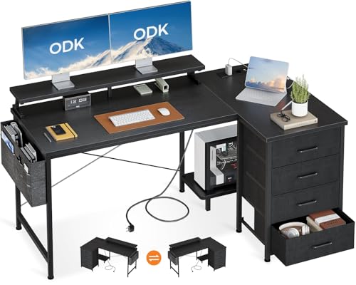 ODK L-Form Schreibtisch 140x80cm schwarz – reversibel, Schubladen. Schwarzer L-förmiger Schreibtisch mit Schubladen für flexible Arbeitsplatzgestaltung.