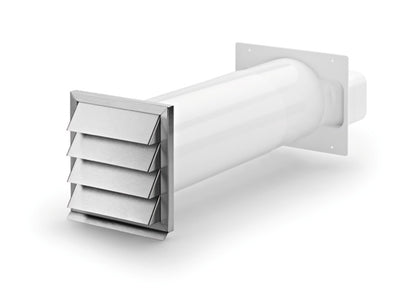 Compair Klima-E flow 150 Mauerkasten - 402.2.040. Weißer, rechteckiger Mauerkasten mit Lamellengitter zur effizienten Be- und Entlüftung durch Wände.