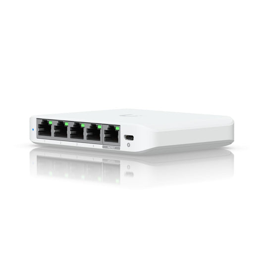 Ubiquiti UniFi FlexMini USW-Flex-2.5G-5 Switch. Kompakter, schwarzer 5-Port 2.5G Switch zum Verbinden von Ethernet-Geräten im Netzwerk.