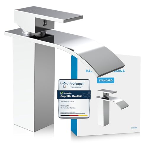 Bächlein Badarmatur Tamina Einhebelmischer - Wasserfall-Design Chrom. Mit breitem, offenem Auslauf. Regelt und mischt Wasser im Bad.