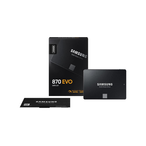 Samsung 870 Evo Solid State Drive 2.5 Zoll SATA III 500 GB. Rechteckig, schwarz. Speichert Daten über SATA III in PCs/Laptops.