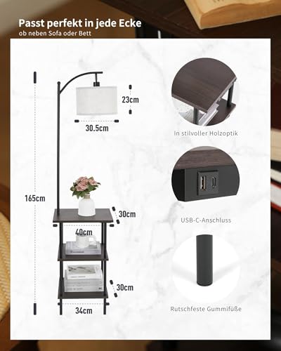 LuminexDesigns Vintage Stehlampe mit Tisch, USB & Typ-C Holz
