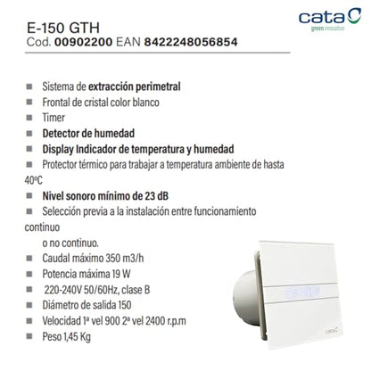Cata E-100 GTH Abluftventilator Bad - Glas, Timer, Hygro