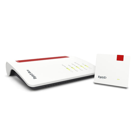 FRITZ! WLAN Mesh Router Repeater Set Wi-Fi 6 – 7530 AX / 1200 AX. Weiße/rote Geräte für nahtloses WLAN-Mesh-Heimnetz.