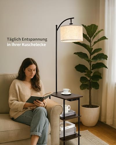 LuminexDesigns Vintage Stehlampe mit Tisch, USB & Typ-C Holz