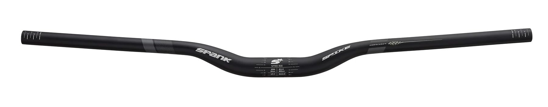 Spank Spike 800 Race Vibrocore MTB-Lenker XGT Schwarz 30mm Rise, ein schwarzer, gekröpfter Lenker mit 30mm Rise, dämpft Lenkvibrationen.