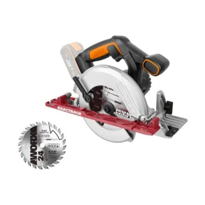 WORX WX530.9 Akku-Handkreissäge 20V. Orange-schwarzes Kompaktgerät zum präzisen Sägen von Holzwerkstoffen.