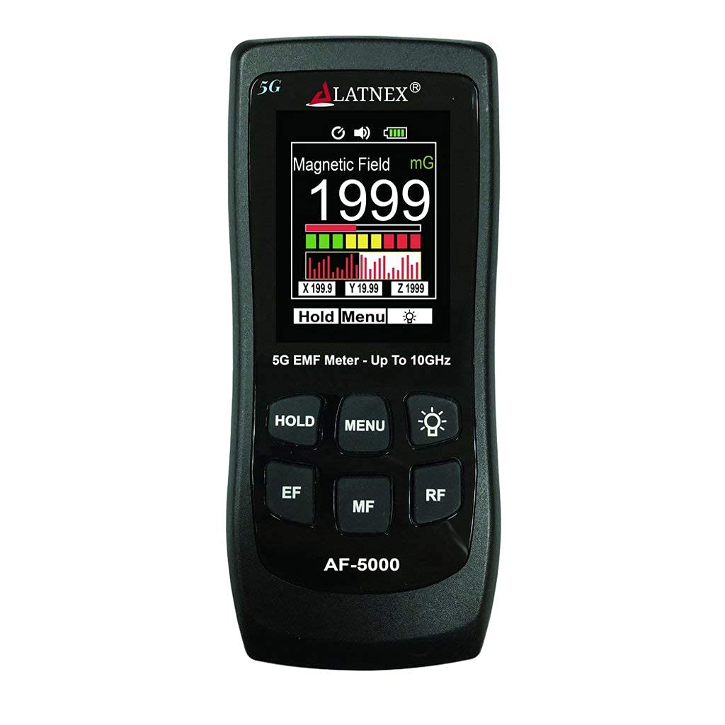 LATNEX AF-5000 5G EMF-Messgerät mit Kalibrierzertifikat. Handliches, schwarzes Gerät zur präzisen Erfassung von 5G-EMF-Feldern.
