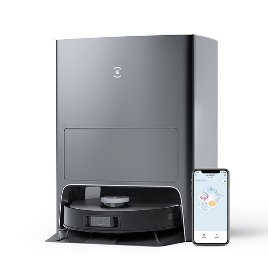 ECOVACS DEEBOT X1 OMNI Saugroboter. Runder, weißer Saugroboter mit Reinigungsstation. Automatisierte Bodenreinigung durch Saugen und Wischen mit anschließender Selbstreinigung der Wischmopps.
