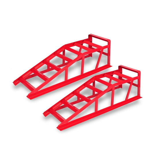 vidaXL 2X Auffahrrampen Auto 2000kg – 235mm breit. Zwei schwarze, keilförmige Rampen heben Autos zur Wartung an.