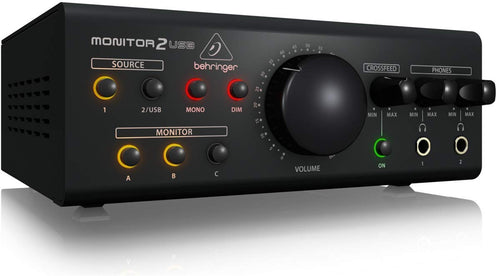 Behringer MONITOR2USB Monitoring-Controller USB Audio-Interface. Schwarzes Audio-Interface zur Monitor-Steuerung und USB-Audio-Ein-/Ausgabe.