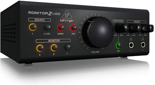 Behringer MONITOR2USB Monitoring-Controller USB Audio-Interface. Schwarzes Audio-Interface zur Monitor-Steuerung und USB-Audio-Ein-/Ausgabe.