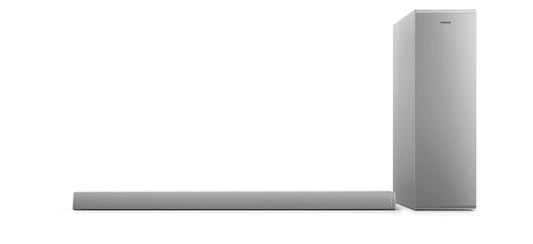 Philips Soundbar TAB6405/10 2.1 Kabellos mit Subwoofer – Silber. Silberne, schlanke Soundbar und Subwoofer zur TV-Klangoptimierung für Heimkino.