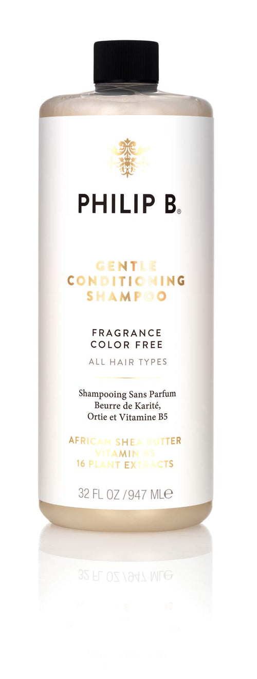 Philip B African Shea Butter Shampoo - Gentle & Conditioning. Weiße Flasche. Reinigt und pflegt das Haar sanft.