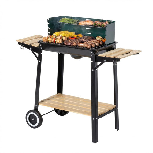 aro Holzkohlegrill Grillwagen mit 2 Grillrosten und Windschutz, grün, aus Stahl mit Holzablagen und zwei Rädern