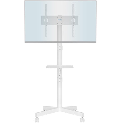 BONTEC Mobiler TV Ständer auf Rollen für 23-60 Zoll bis 25 kg, weiss – TV Wagen mit Laptopablage aus Metall