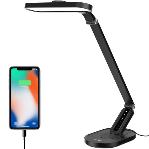 JKSWT LED Schreibtischlampe dimmbar mit USB-Ladeanschluss, schwarz – verstellbarer Lampenarm