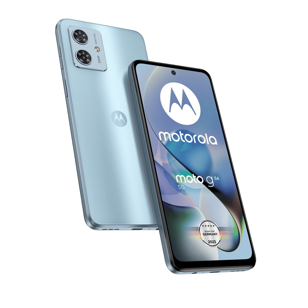 Motorola Moto g54 5G Smartphone - 8/256 GB Speicher. Rechteckiges, dunkles Gerät mit Display für 5G-Mobilfunk und Apps.