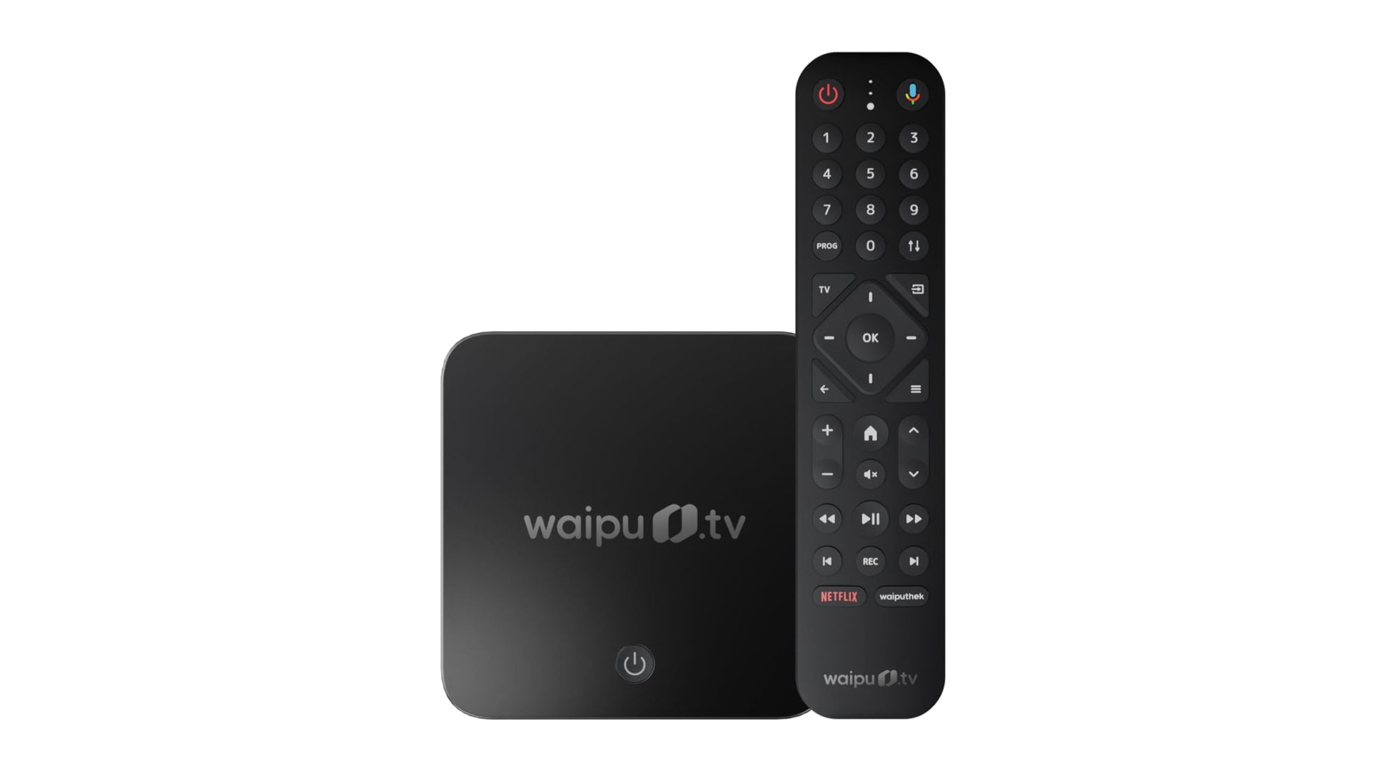 waipu.tv Box 4K Streaming Receiver – beleuchtete Fernbedienung. Schwarze, rechteckige Box und Fernbedienung. Empfängt TV-Inhalte in 4K.
