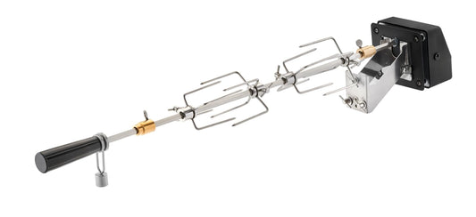 RÖSLE Premium-Drehspiess Grillspiess für VIDERO G2/G3, MAGNUM G3. Langer Edelstahl-Spieß mit Gabeln für motorisiertes Grillen von Braten.