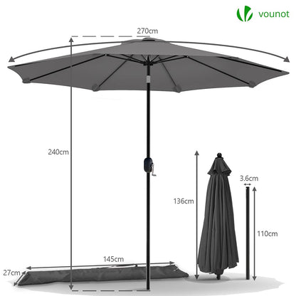 VOUNOT Sonnenschirm 270 cm knickbar mit Kurbel, UV-Schutz, Grau