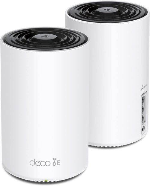 TP-Link Deco XE75 Mesh WLAN Set Wi-Fi 6E AXE5400 - 2er Pack: Zwei weiße, zylindrische Router für nahtloses Wi-Fi 6E.