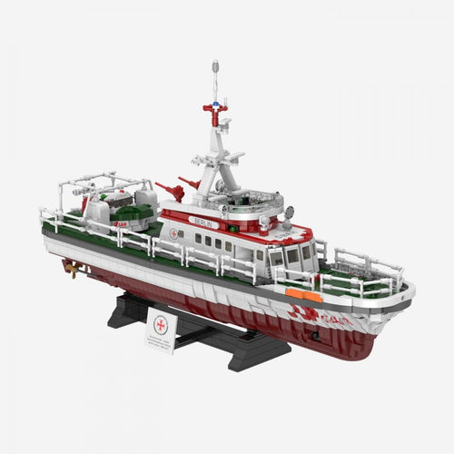 BlueBrixx Pro Seenotrettungskreuzer DGzRS Klemmbaustein-Set. Detailgetreues, rot-weißes Modell zum Bau eines maritimen Rettungsschiffes.