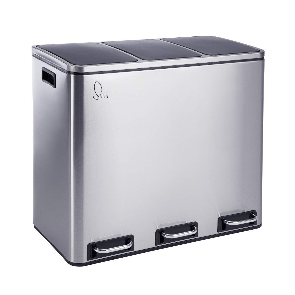 SVITA TM3X18 Treteimer 54L Edelstahl Silber Mülltrennung. Silberner Edelstahl-Treteimer mit drei Innenbehältern zur effektiven Abfalltrennung.