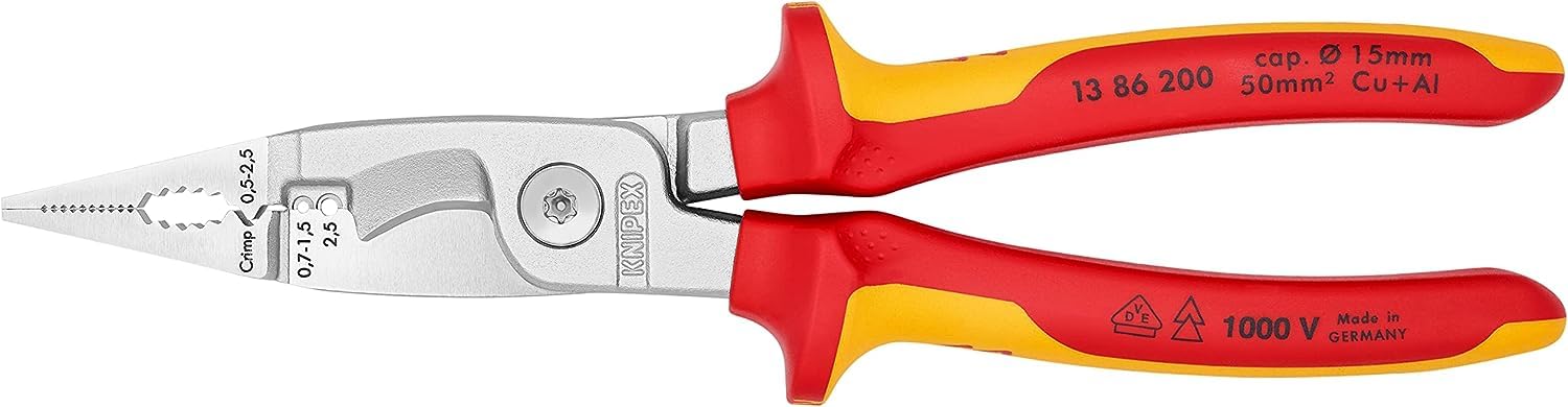 KNIPEX Elektro-Installationszange 13 86 200 SB, VDE-geprüft, 200 mm, verchromt, mit Mehrkomponenten-Hüllen