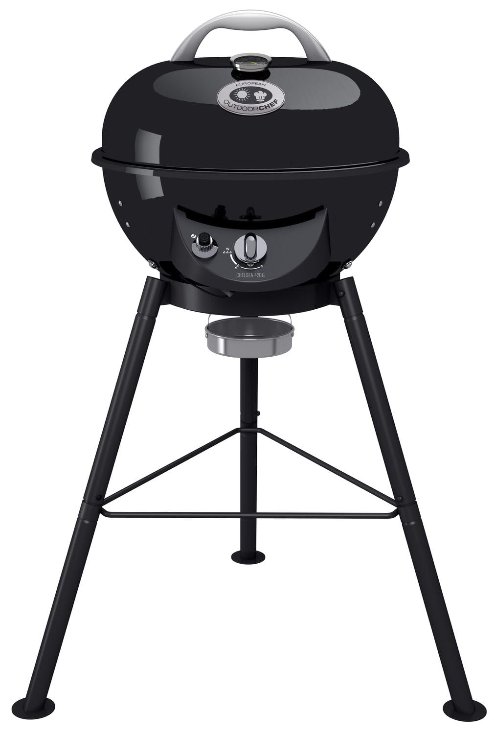 OUTDOORCHEF Chelsea 420 G Gasgrill. Runder, schwarzer Kugelgrill mit Gestell. Zum Grillen und Barbecue im Freien durch Gasbetrieb.
