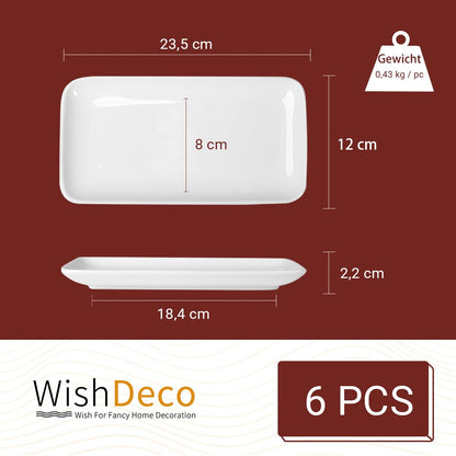 WishDeco Servierteller 6er Set, Porzellan weiss, rechteckig 23x12 cm