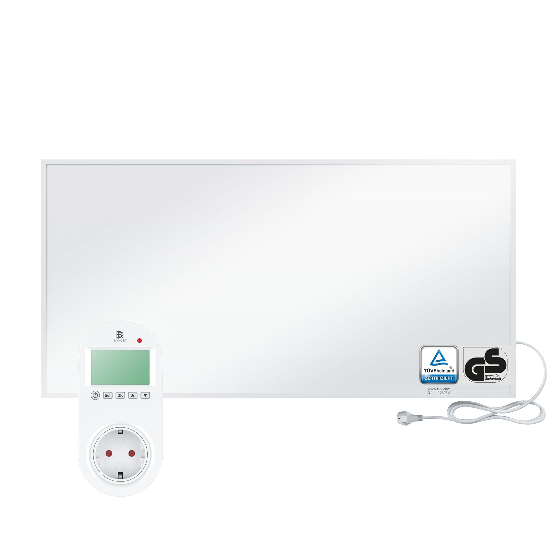 BR Bringer Infrarotheizung 1200W. Flaches, weisses Heizpaneel mit Steck-Thermostat. Erzeugt Strahlungswärme zur effizienten Raumbeheizung.
