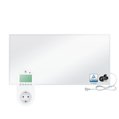BR Bringer Infrarotheizung 1200W. Flaches, weisses Heizpaneel mit Steck-Thermostat. Erzeugt Strahlungswärme zur effizienten Raumbeheizung.