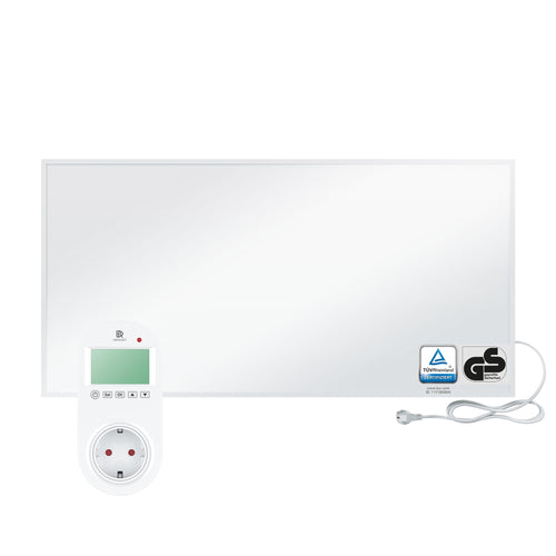 BR Bringer Infrarotheizung 1200W. Flaches, weisses Heizpaneel mit Steck-Thermostat. Erzeugt Strahlungswärme zur effizienten Raumbeheizung.