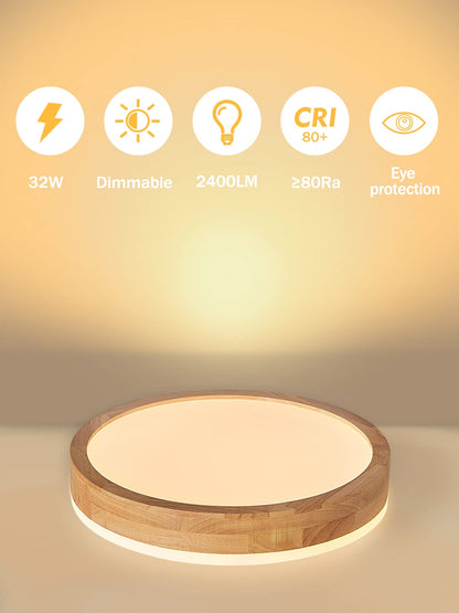 Baerolc LED Deckenleuchte Holz 40CM Rund Dimmbar – mit Fernbedienung