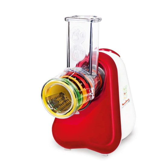 Moulinex Fresh Express Plus DJ756G Schnitzelwerk in Metallic-rot. Dieses Küchengerät schneidet, raspelt und reibt Gemüse und Käse.