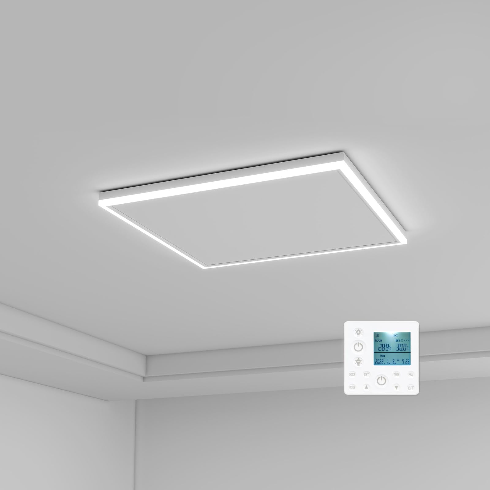 SmartHeat Decken-Infrarotheizung 400W LED + Thermostat. Weiße, flache Platte. Heizt, beleuchtet (LED) & regelt Temp.