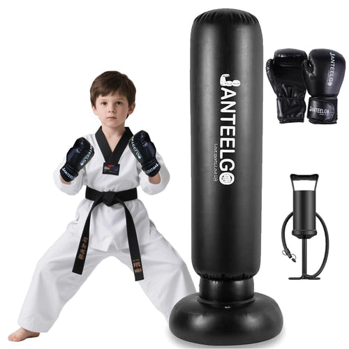 JanTeelGO Boxsack Kinder 150 cm aufblasbar mit Boxhandschuhen, Standboxsack mit füllbarer Basis
