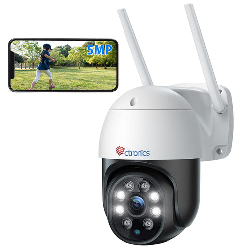 Ctronics 5MP PTZ WLAN Aussenkamera Dualband, weißes, schwenkbares Gehäuse. Überwacht Außenbereiche in 5MP über Dualband-WLAN.