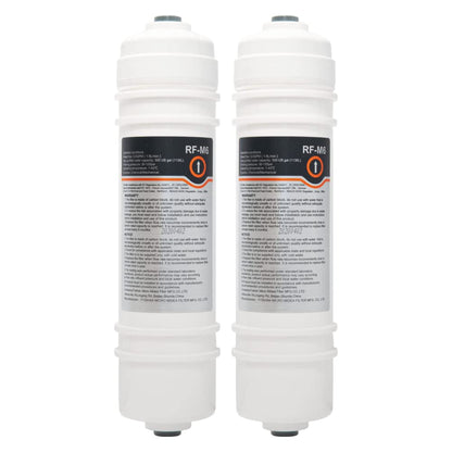RF-M6 externer Kühlschrankfilter Side by Side – 2er-Set. Zwei weiße, zylindrische Filter zur Verbesserung der Wasserqualität.