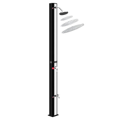 Steinkirch Solar Gartendusche 35L – Ø 300mm Edelstahl. Schlanke Edelstahlsäule nutzt Sonnenenergie zur Warmwasserbereitung für den Garten.