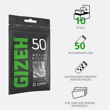 GIZEH BLACK Active Filter Aktivkohlefilter slim 6mm – 10x50 Stk.