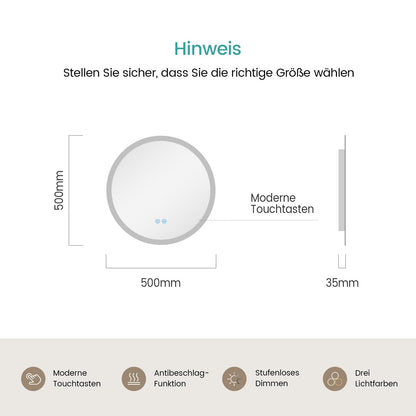EMKE Badspiegel Rund 50cm – Dimmbare LED-Beleuchtung, Antibeschlag