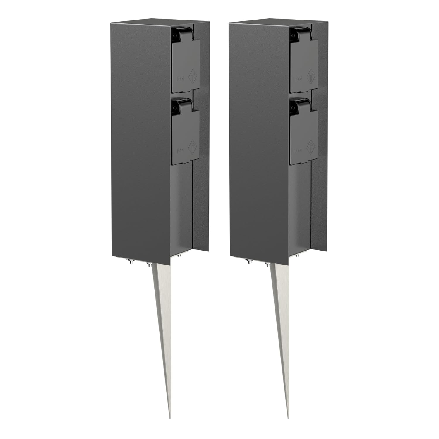 ledscom.de POMI Aussensteckdosen-Säule 2er-Set anthrazit eckig. Zwei eckige, anthrazitfarbene Säulen zur Stromverteilung im Aussenbereich.