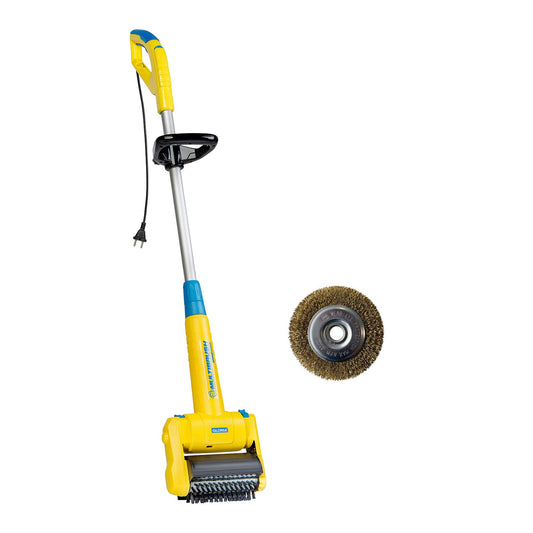 GLORIA MultiBrush speedcontrol Multifunktionsbürste. Grün-schwarzes Elektrogerät zur Reinigung von Terrassen, Wegen und Fugen.