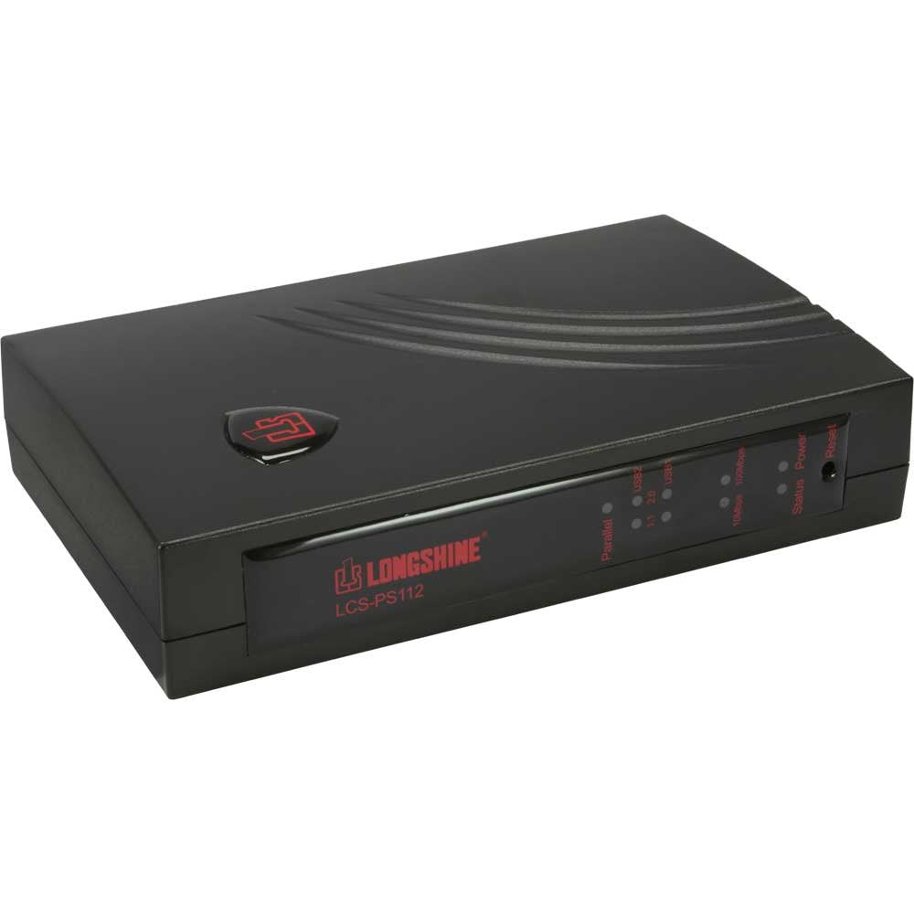 Longshine LCS-PS112 Printserver – 3-Port RJ45 & 2x USB. Schwarz, rechteckig. Ermöglicht Netzwerk-Druckerfreigabe für USB- und Ethernet-Drucker.